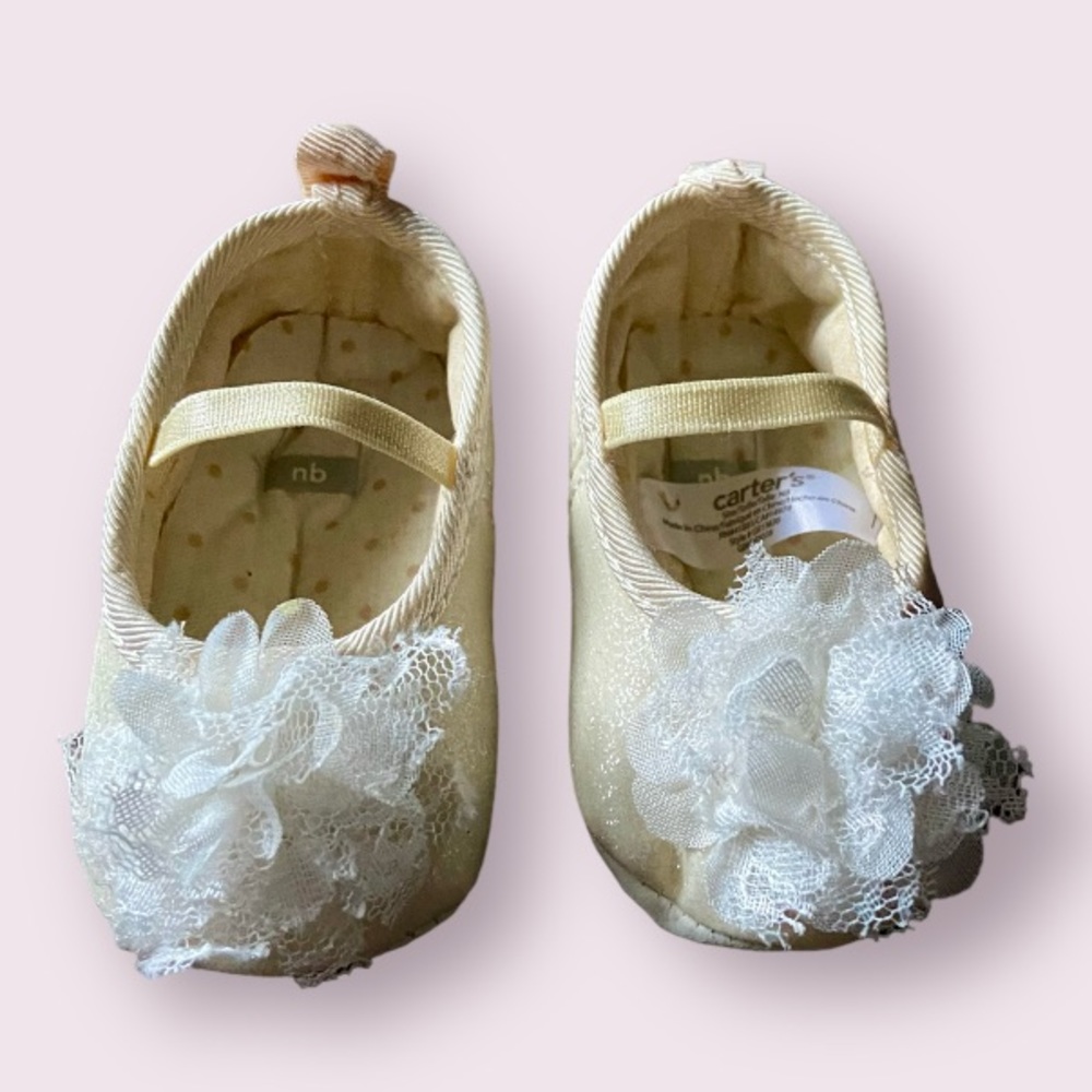Vintage Carter's White Sparkle Flats with Tulle Flower